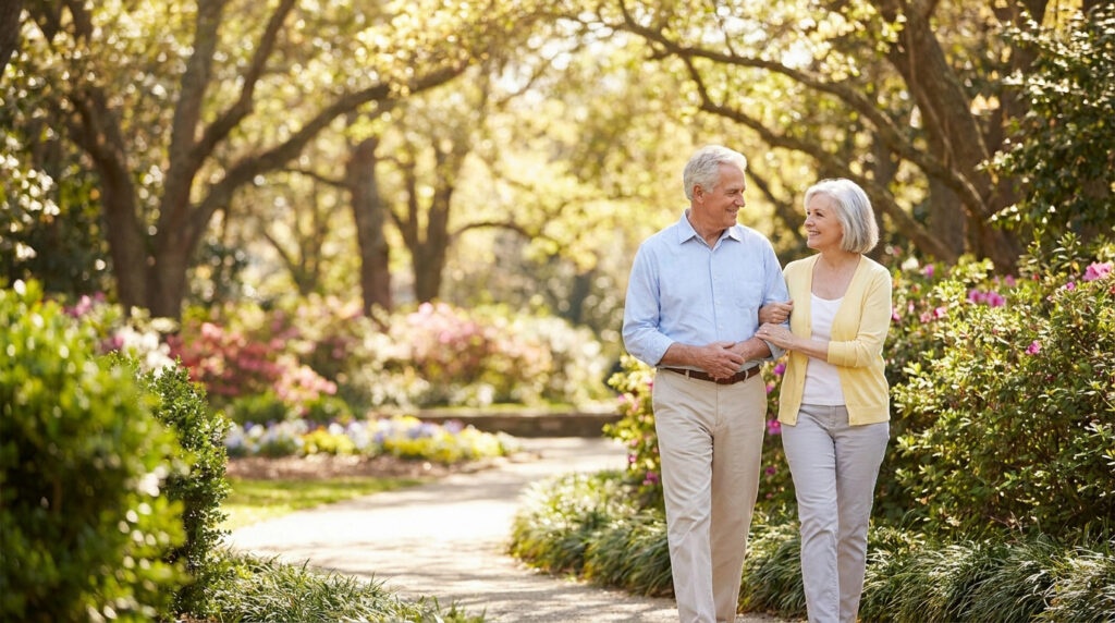 Un couple de personnes âgées souriant se promène bras dessus bras dessous sur une allée fleurie dans un parc ensoleillé.