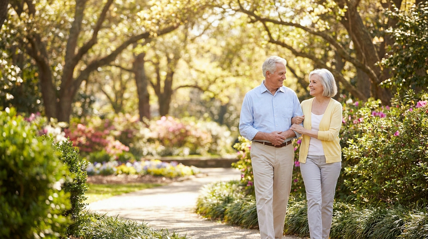 Un couple de personnes âgées souriant se promène bras dessus bras dessous sur une allée fleurie dans un parc ensoleillé.