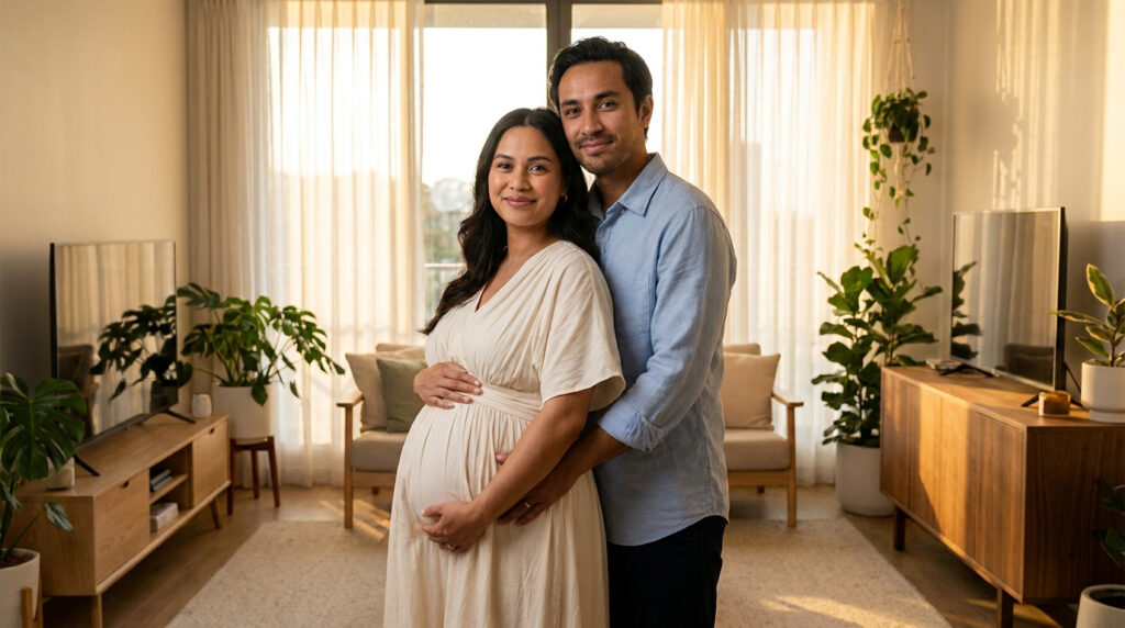 Un couple souriant, la femme enceinte, debout dans un salon lumineux, le mari tenant tendrement son ventre.