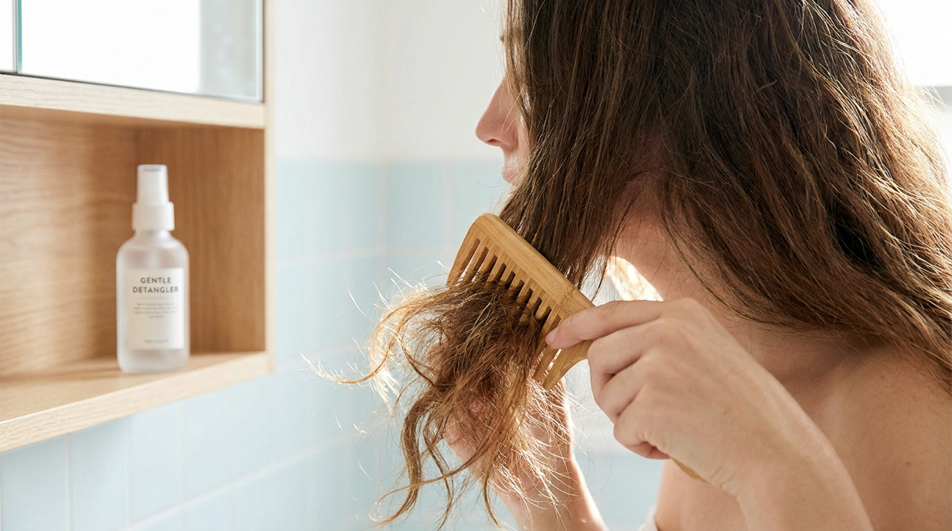 Une femme utilisant un peigne en bois pour démêler délicatement ses cheveux emmêlés devant un miroir.