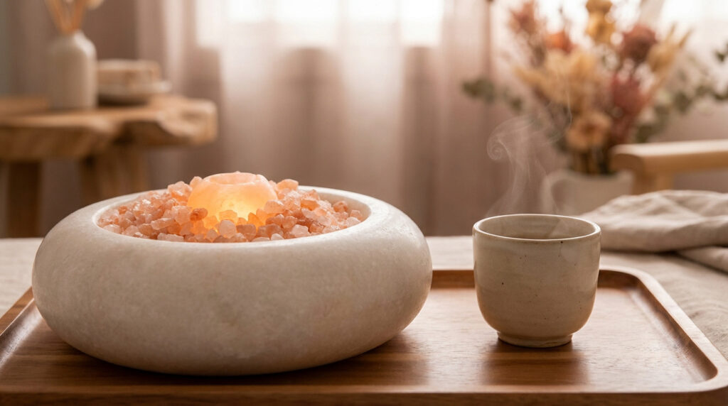 Un bol en pierre avec du sel rose de l'Himalaya lumineux et une tasse de thé fumante sur un plateau en bois.