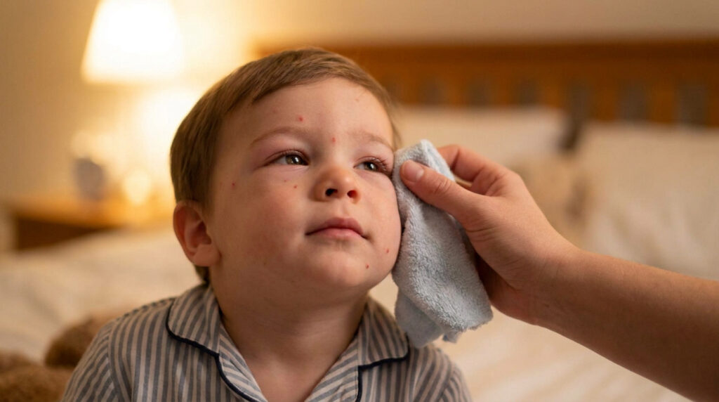 Une main d'adulte applique délicatement une compresse douce sur l'œil gonflé d'un enfant souffrant de la varicelle.