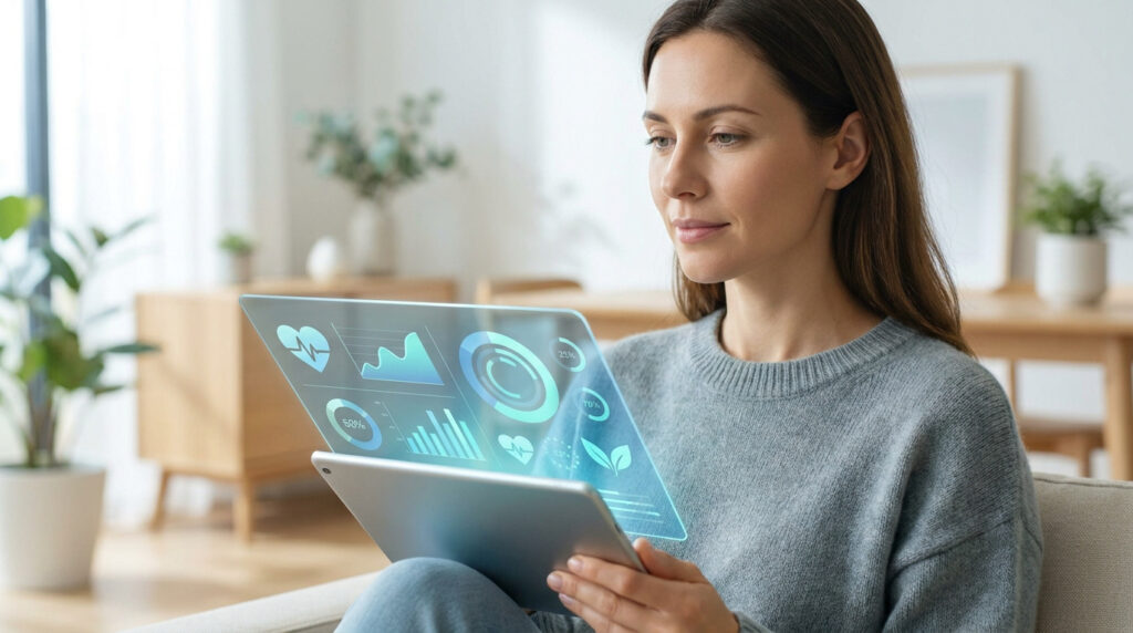 Une femme consulte des graphiques de santé numériques sur une tablette dans un intérieur lumineux.