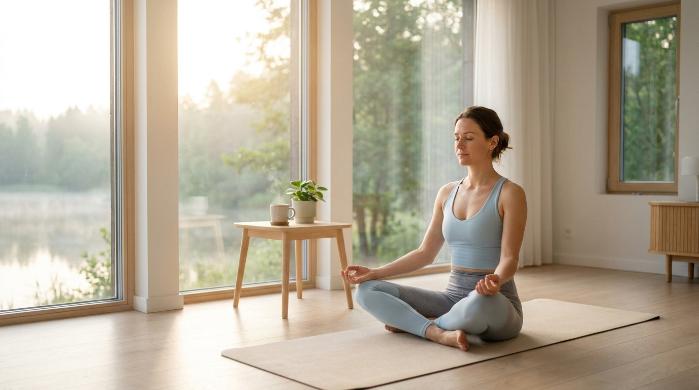 Femme en tenue de sport pratiquant la méditation assise sur un tapis de yoga dans une pièce lumineuse.