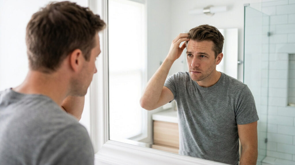 Un homme inquiet s'examine les cheveux devant son miroir de salle de bain.