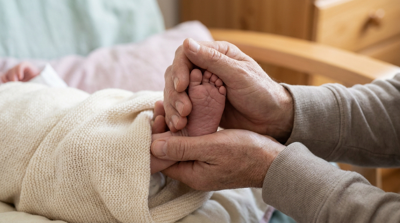 Les mains d'un adulte tenant délicatement le petit pied d'un bébé emmailloté dans une couverture en laine.