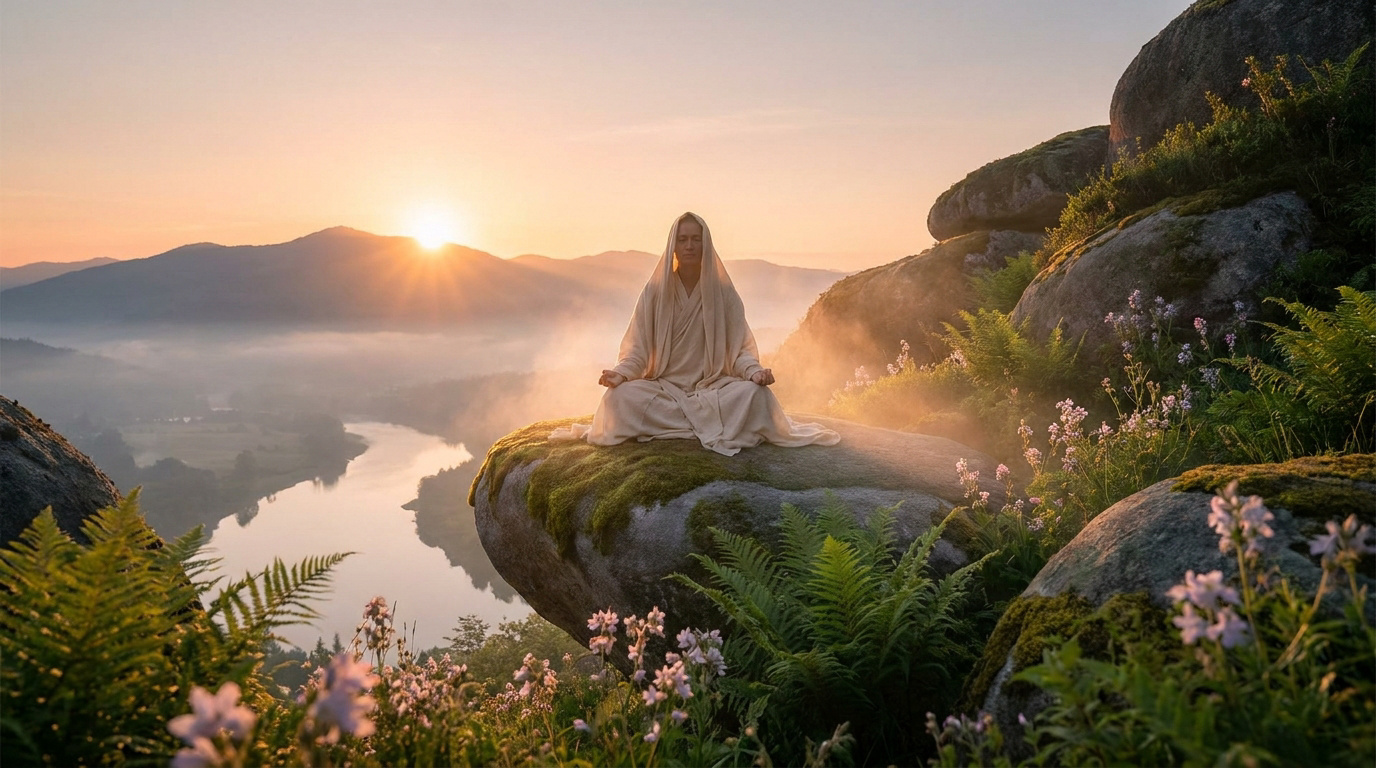 Une personne vêtue d'une robe claire médite sur un rocher couvert de mousse face à un lever de soleil au-dessus d'une rivière.