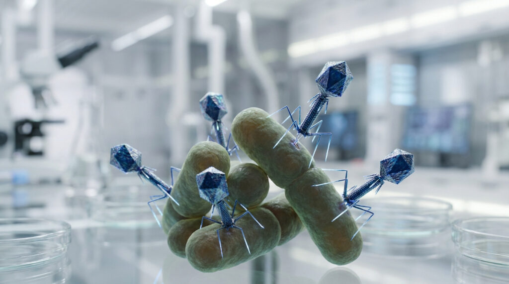 Illustration 3D de bactériophages bleus attaquant une bactérie dans un laboratoire médical flou.