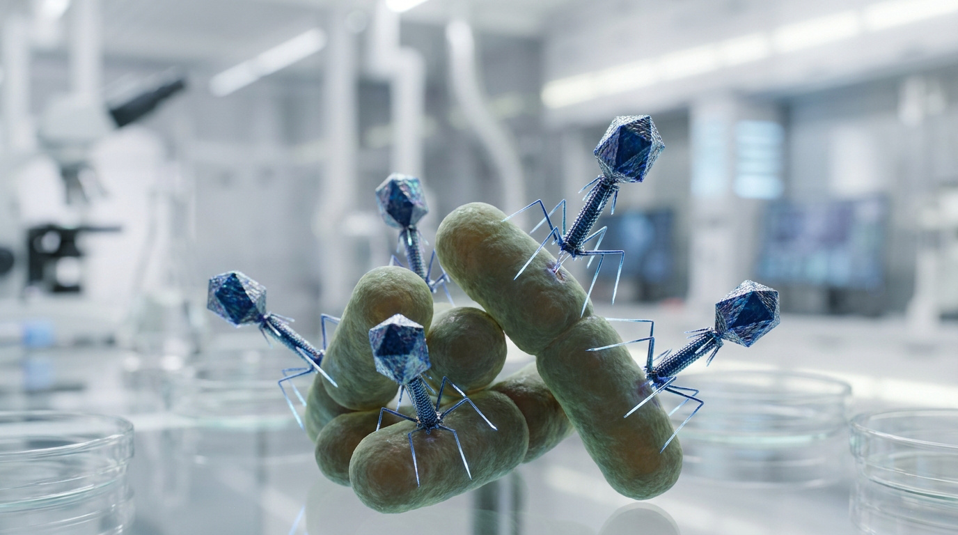 Illustration 3D de bactériophages bleus attaquant une bactérie dans un laboratoire médical flou.