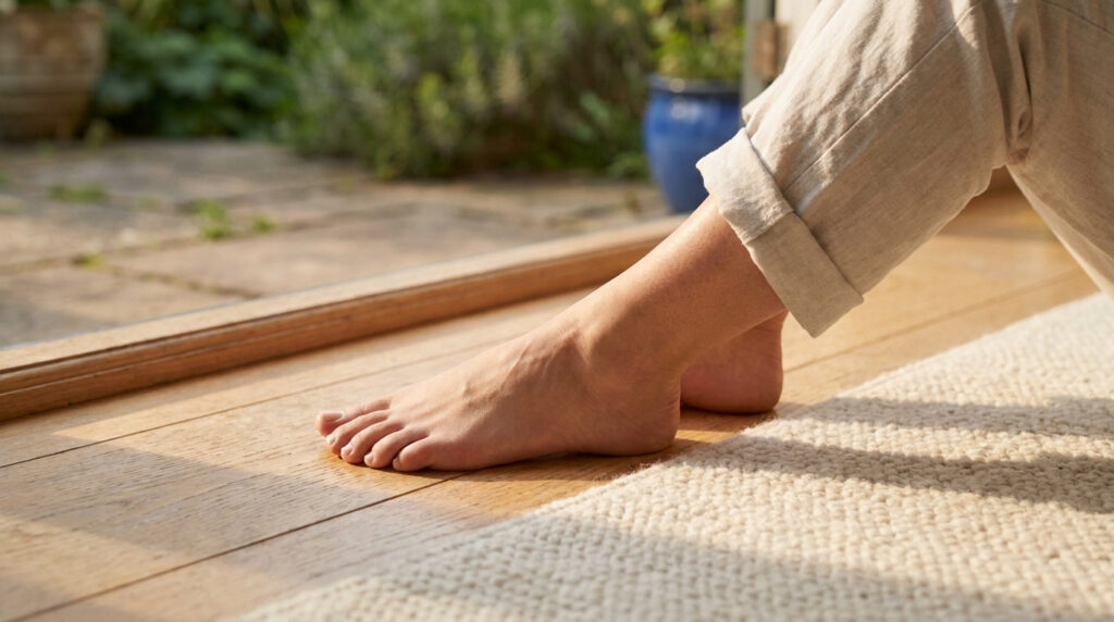 Pied d'une personne assise près d'une baie vitrée, symbolisant le repos après une chirurgie de l'hallux rigidus.