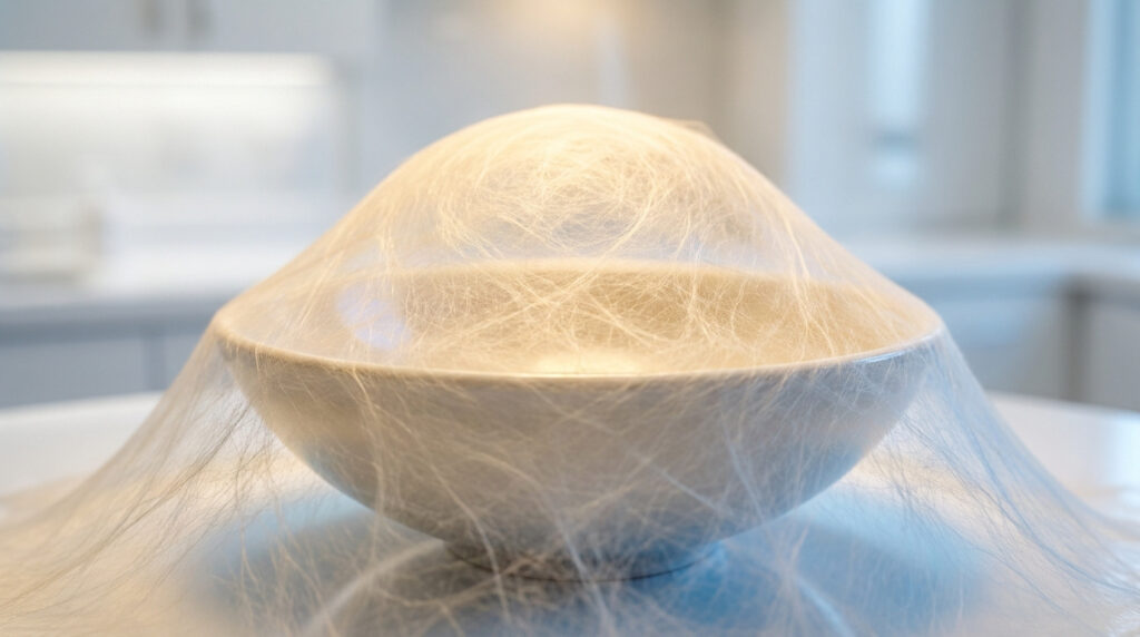 Illustration montrant un bol recouvert d'une fine toile blanche fibreuse évoquant la structure de la fibrine.
