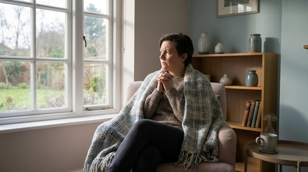 Une femme pensive assise dans un fauteuil, enveloppée dans un plaid, regardant par la fenêtre avec mélancolie.