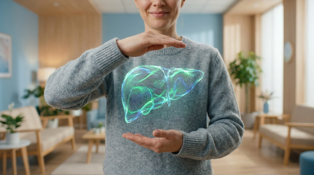 Une femme tient un hologramme lumineux en 3D d'un foie humain entre ses mains dans un environnement médical.