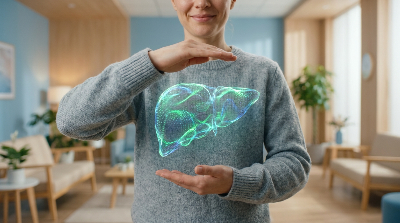 Une femme tient un hologramme lumineux en 3D d'un foie humain entre ses mains dans un environnement médical.