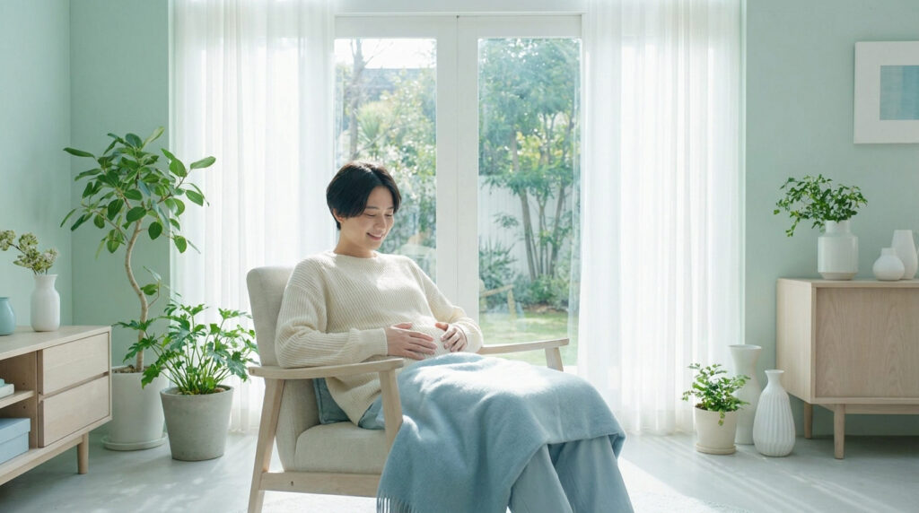 Une femme enceinte souriante assise dans un fauteuil, les mains sur le ventre dans un salon lumineux.