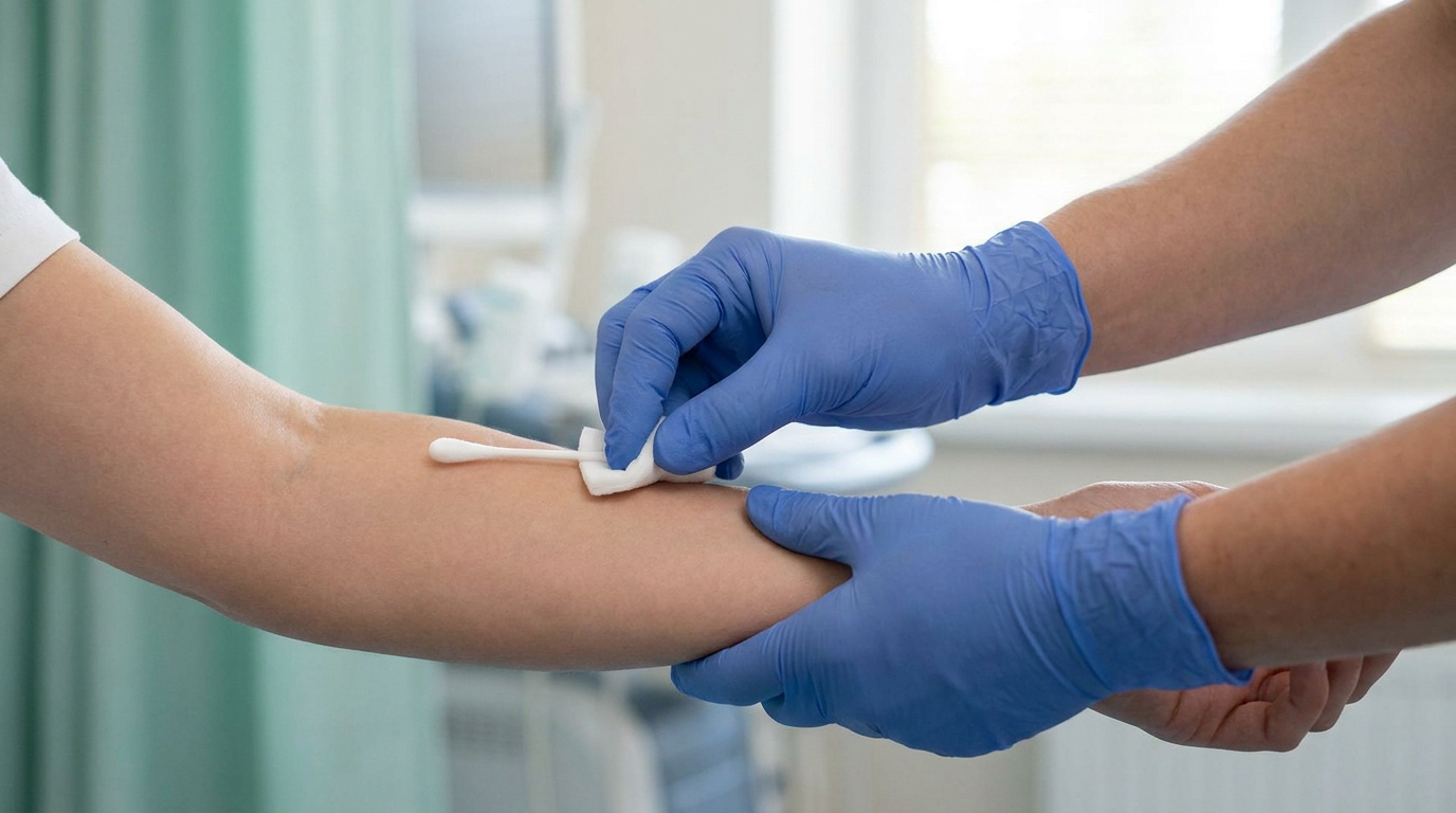 Un professionnel de santé désinfecte le bras d'un patient avec un coton-tige dans un environnement médical.