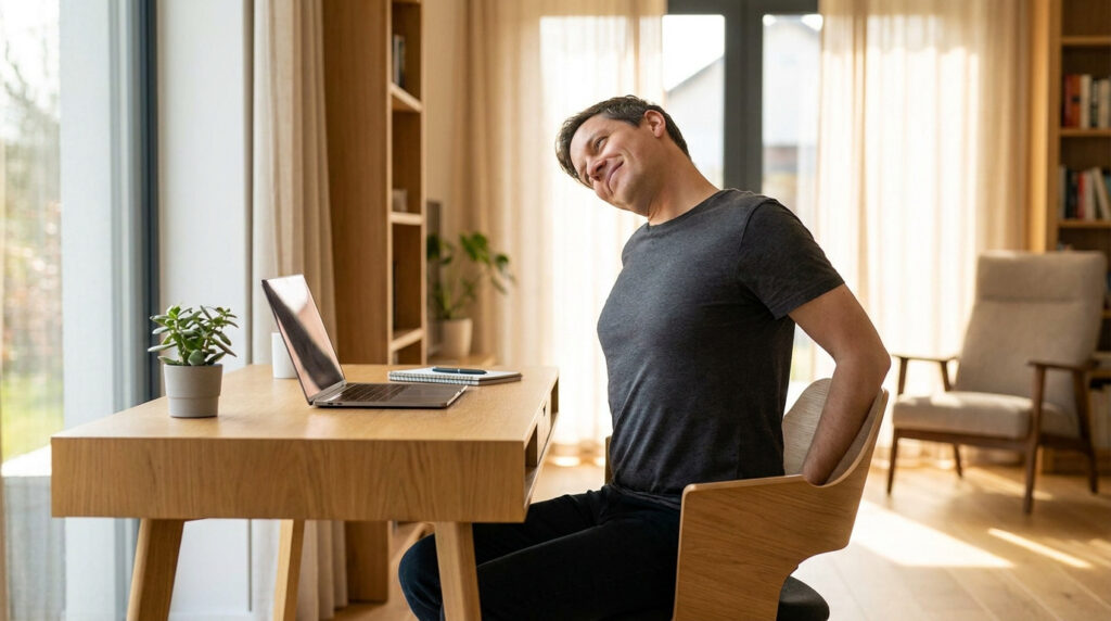Un homme assis à son bureau s'étire le cou et le dos pour soulager une tension.
