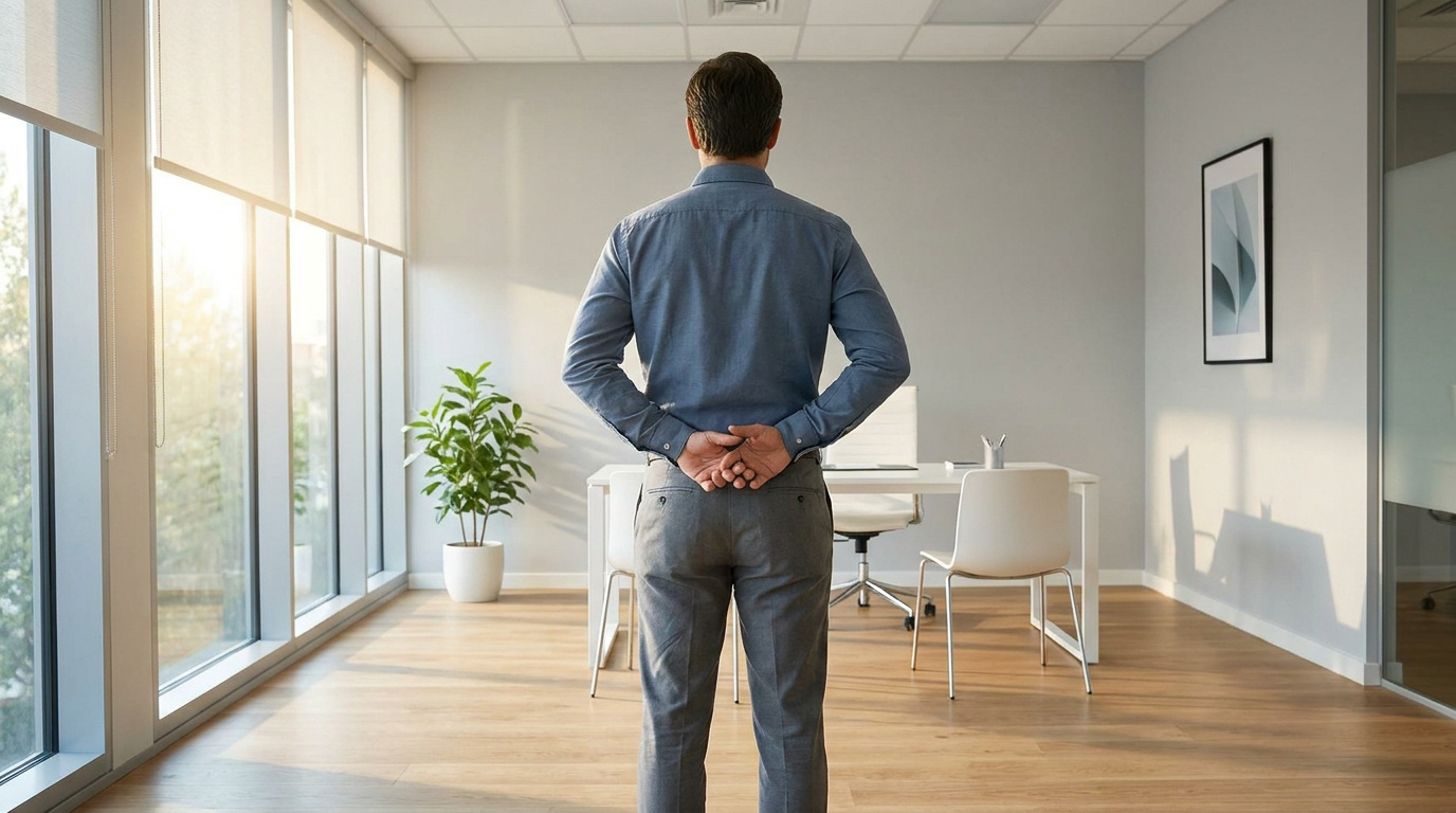 Un homme vu de dos, portant la main au bas de son dos, debout dans un bureau lumineux et moderne.