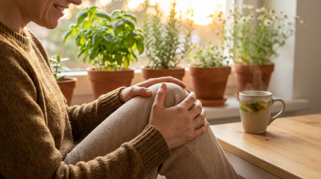 Une personne détendue assise près d'une fenêtre avec des plantes et une tasse de tisane fumante.