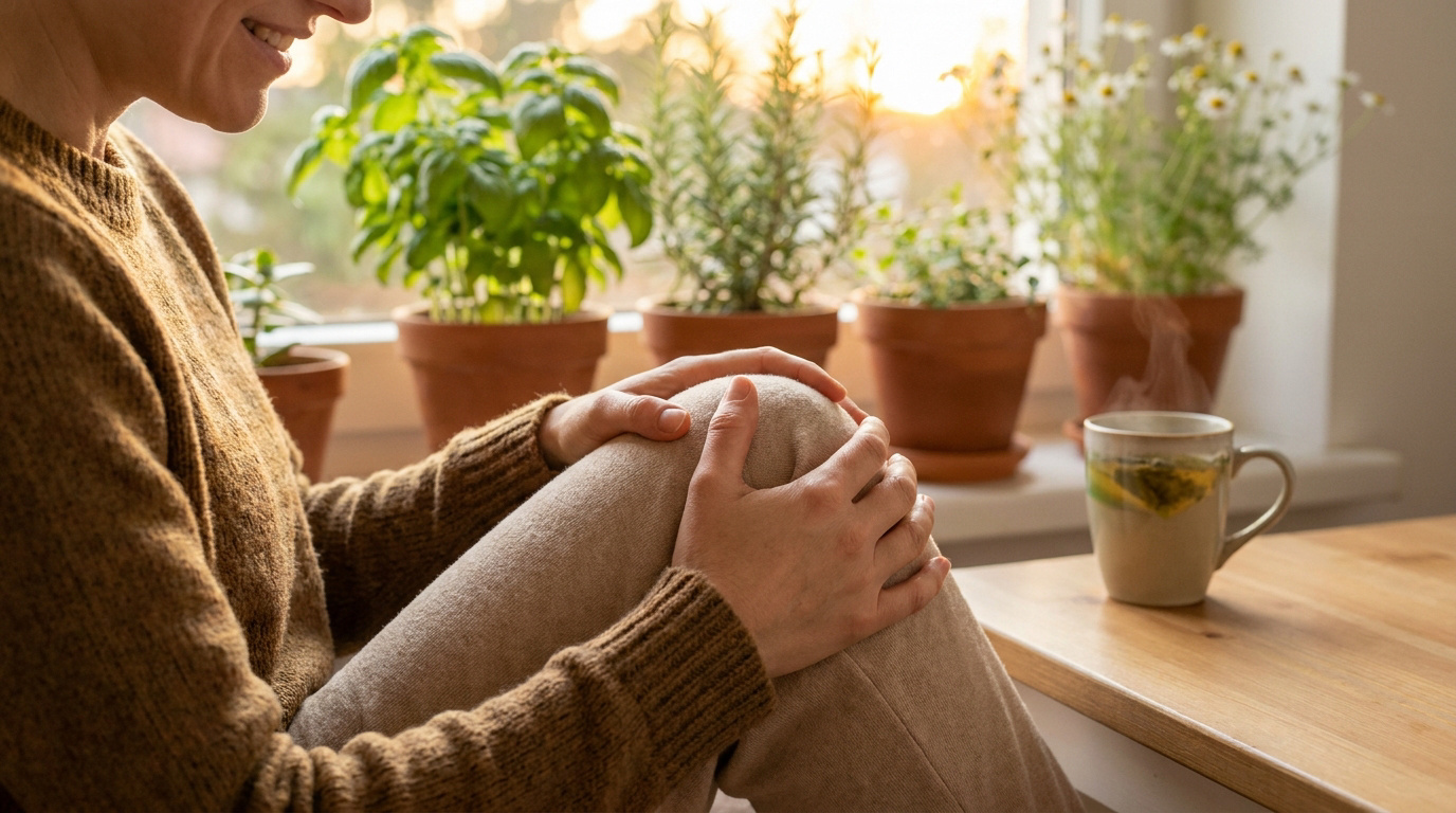 Une personne détendue assise près d'une fenêtre avec des plantes et une tasse de tisane fumante.