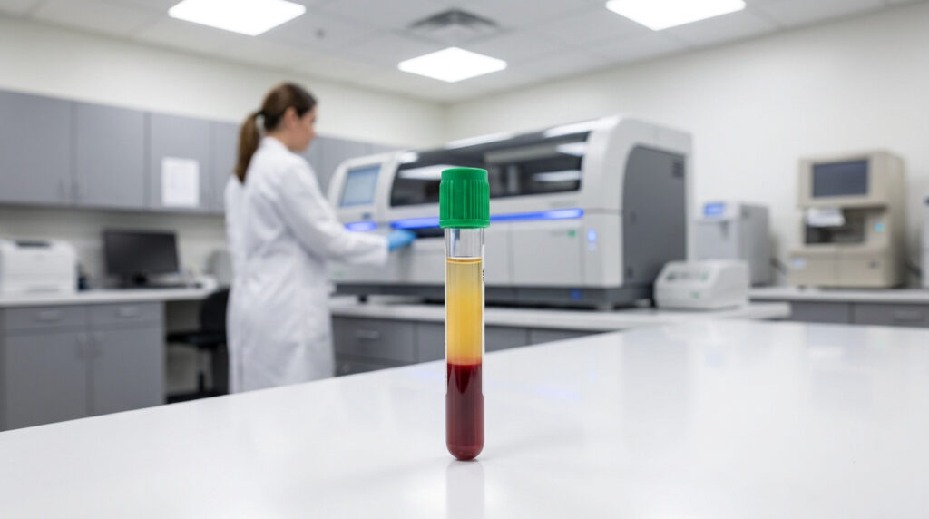 Tube de prélèvement à bouchon vert contenant du sang centrifugé avec plasma et culot globulaire en laboratoire.