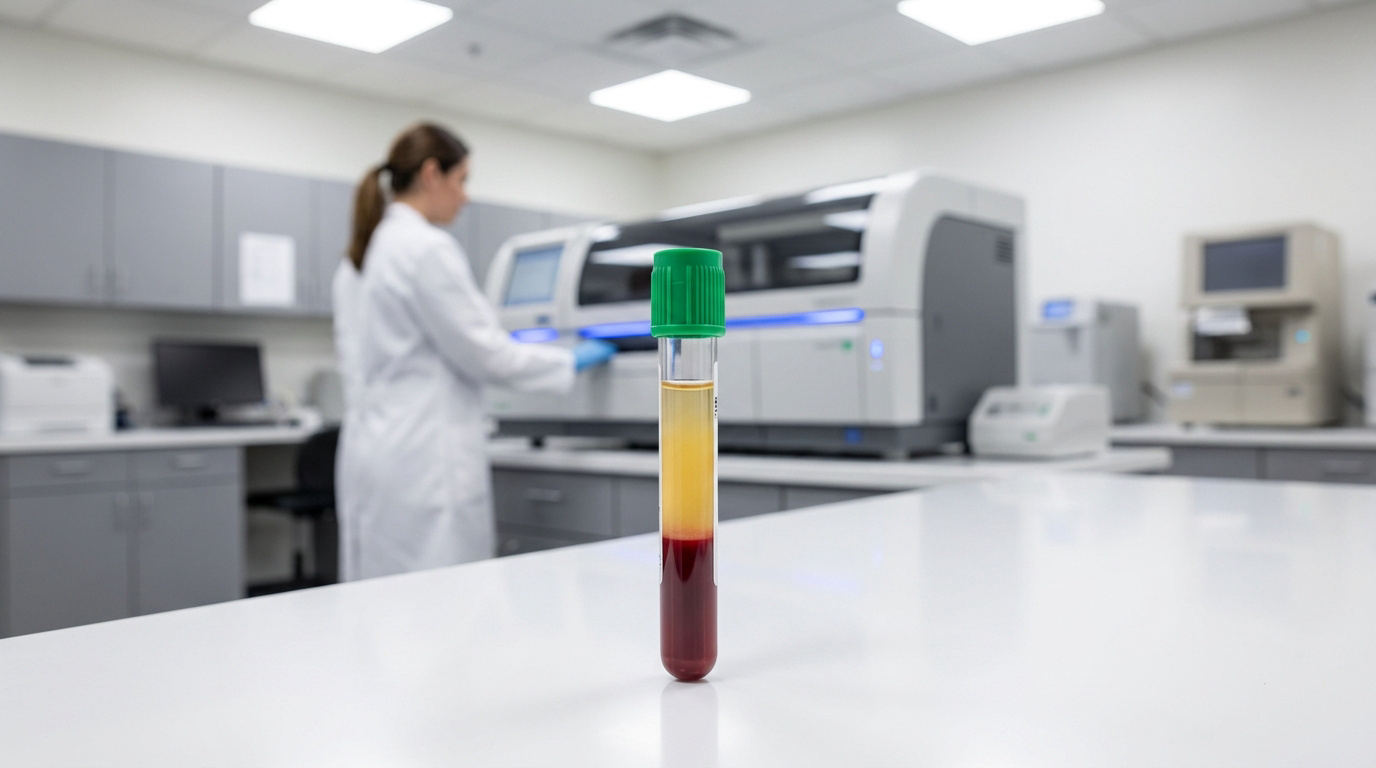 Tube de prélèvement à bouchon vert contenant du sang centrifugé avec plasma et culot globulaire en laboratoire.