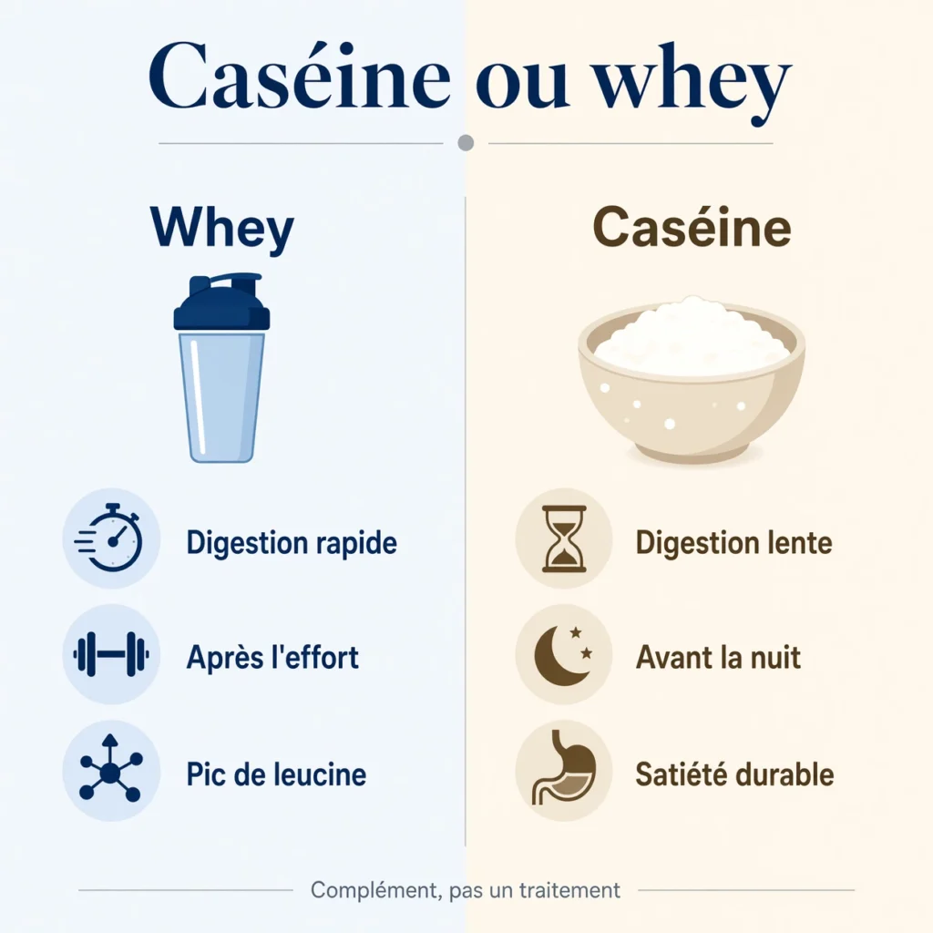 Infographie comparant la whey à digestion rapide et la caséine à digestion lente