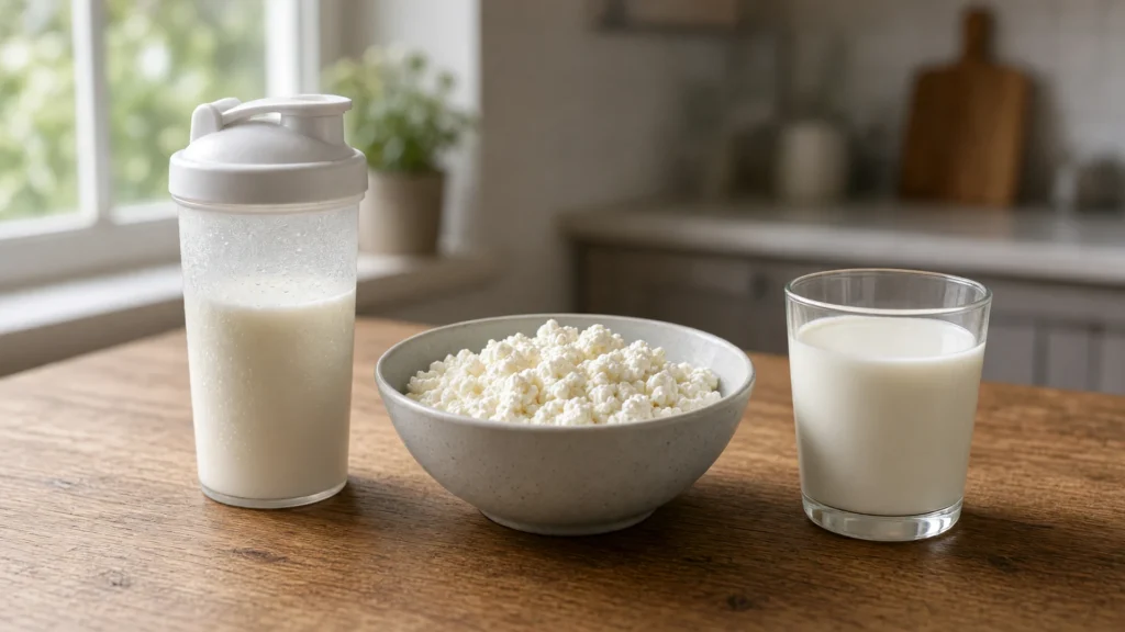 Shaker de protéines, bol de fromage blanc et verre de lait sur une table de cuisine