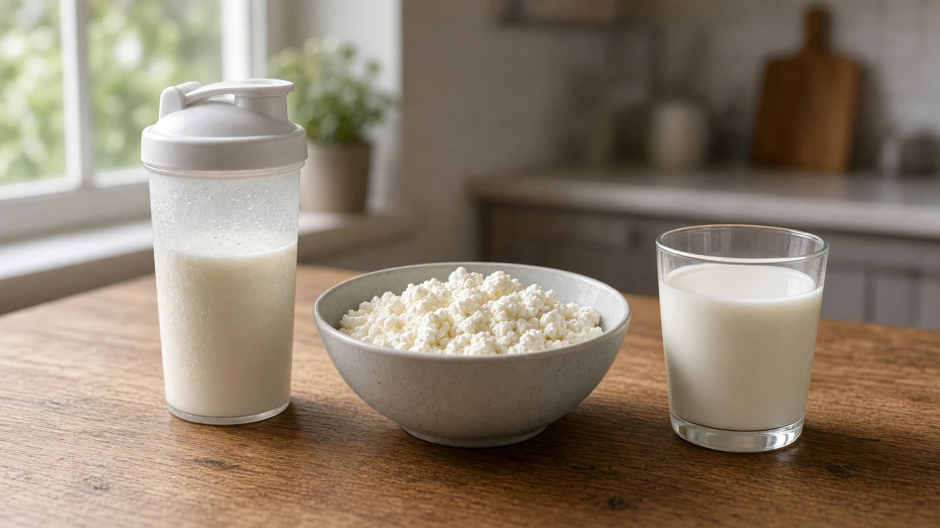 Shaker de protéines, bol de fromage blanc et verre de lait sur une table de cuisine