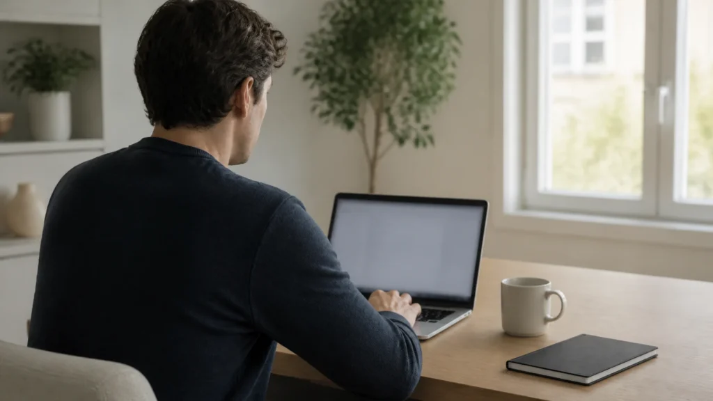 Personne consultant un ordinateur portable dans un intérieur lumineux