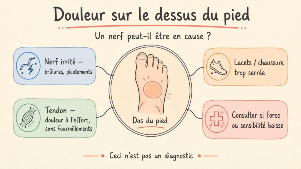 Infographie : douleur sur le dessus du pied, nerf, tendon, chaussage et signes d’alerte