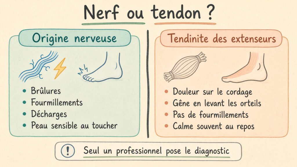 Infographie comparant une origine nerveuse et une tendinite des extenseurs