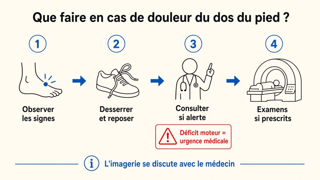 Infographie en 4 étapes : observer, desserrer, consulter, examens prescrits