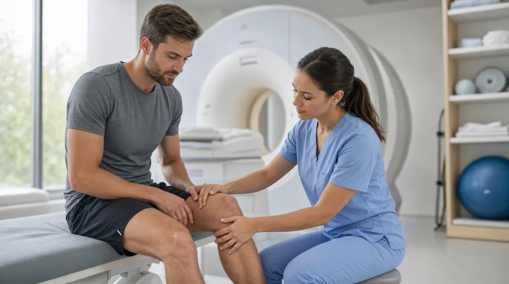 Sportif accompagné par une professionnelle de santé devant un appareil d’IRM.