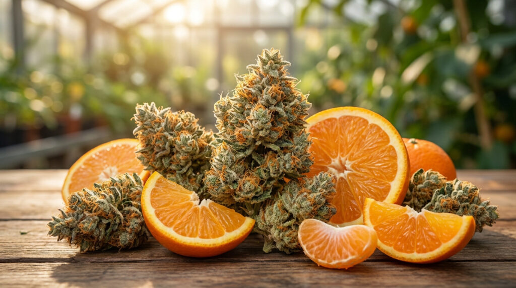 Fleurs de CBD Orange Bud disposées sur une table en bois avec des tranches d'orange fraîche dans une serre.