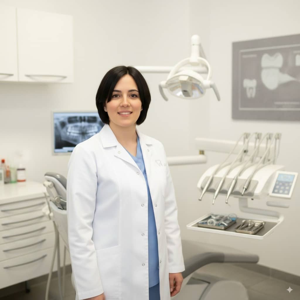 Dentiste en blouse blanche dans un cabinet, radio panoramique affichée à l’écran