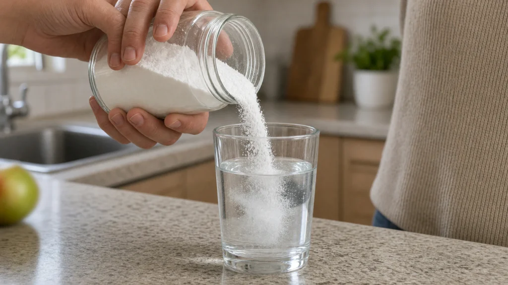 Poudre de collagene versee dans un verre d eau