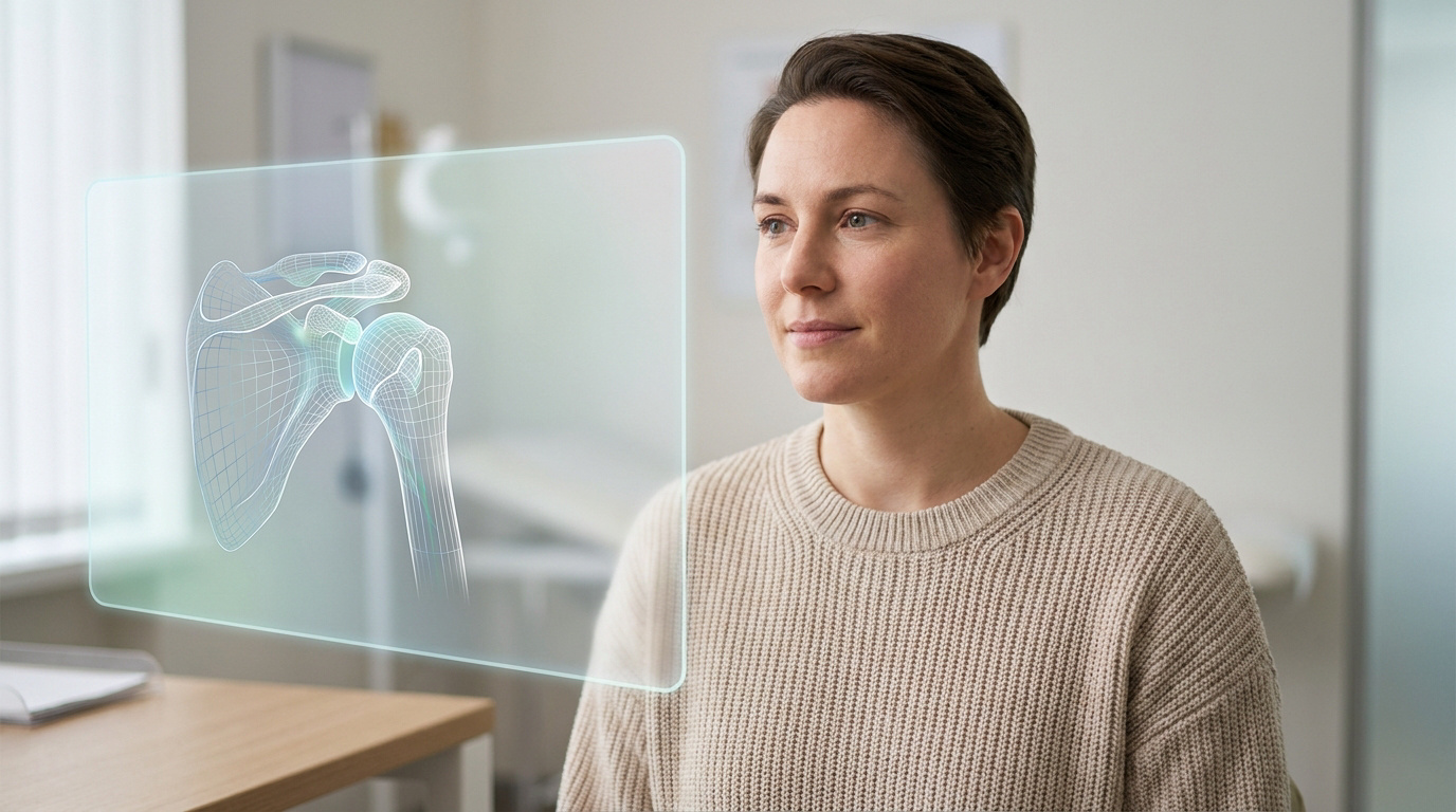 Une femme regarde une modélisation numérique en 3D d'une articulation de l'épaule dans un cabinet médical.