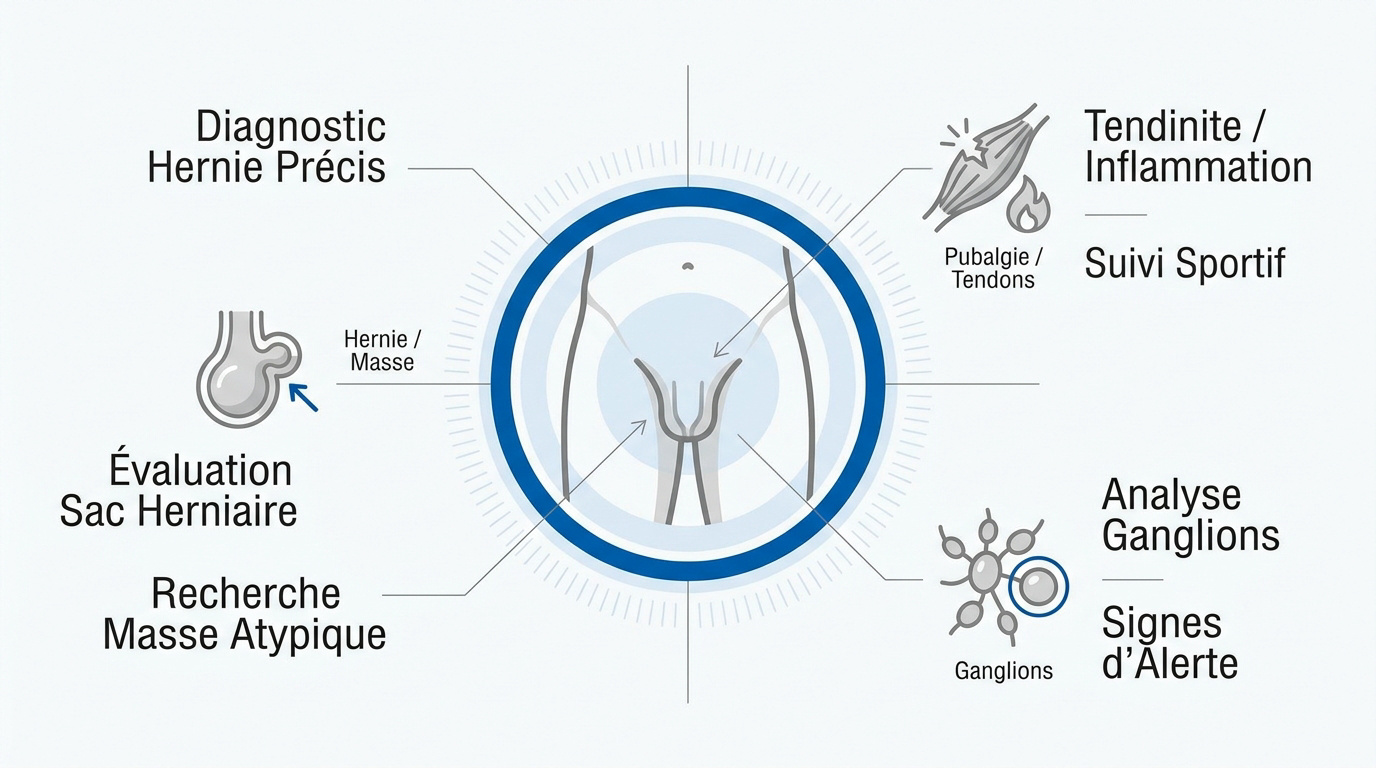 Diagnostic d'une hernie inguinale et examen des tendons et ganglions par échographie