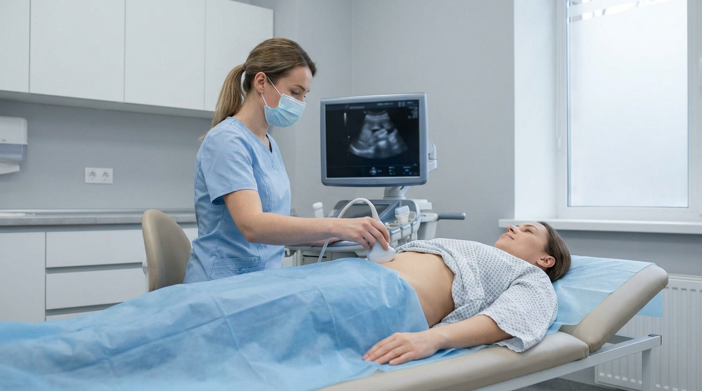 Une soignante effectue une échographie abdominale sur une patiente allongée sur une table d'examen.