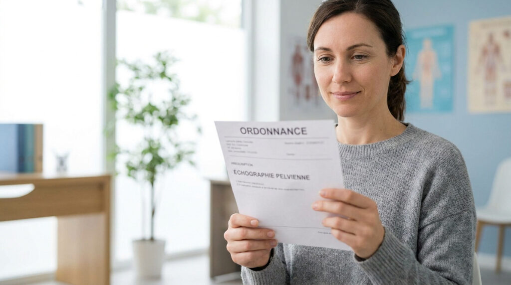 Une femme examine attentivement une ordonnance médicale pour une échographie pelvienne dans un cabinet médical.