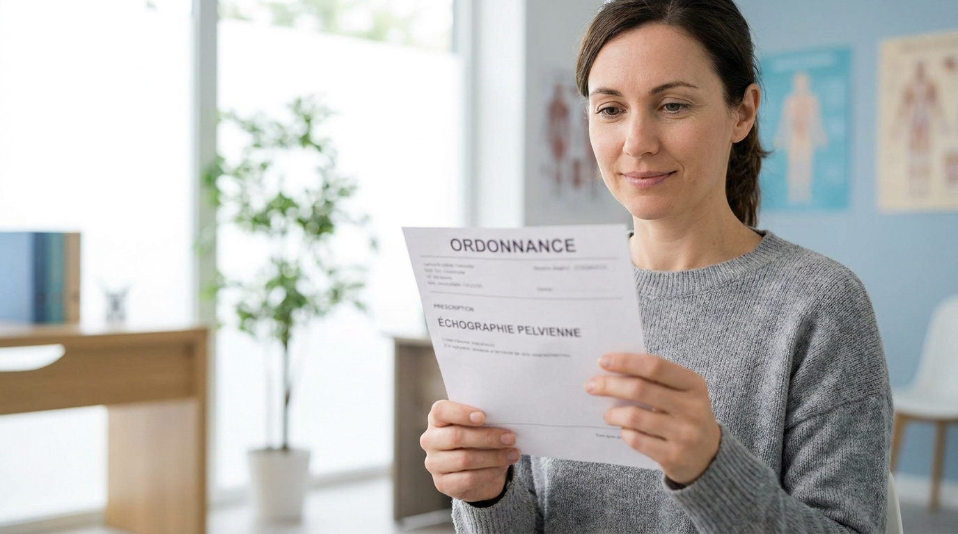 Une femme examine attentivement une ordonnance médicale pour une échographie pelvienne dans un cabinet médical.