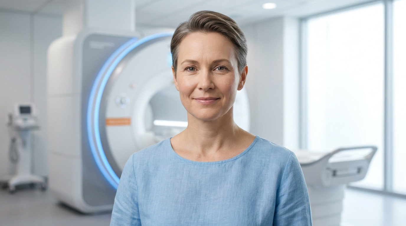 Une femme souriante posant devant une machine d'IRM dans un centre d'imagerie médicale.
