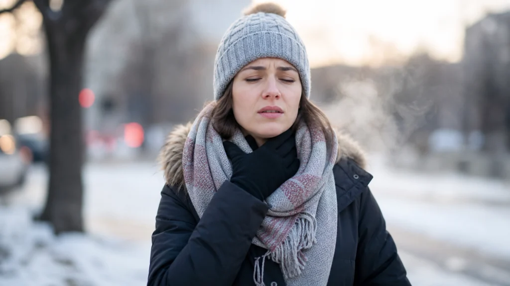 Illustration éditoriale pour l’article « Pourquoi avez-vous mal à la gorge quand il fait froid »