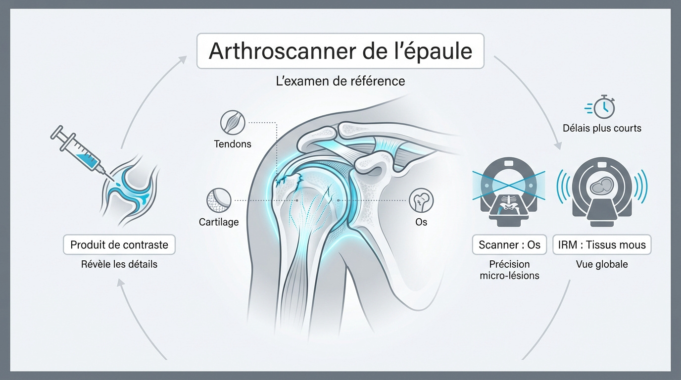 Infographie explicative du déroulement d'un arthroscanner de l'épaule