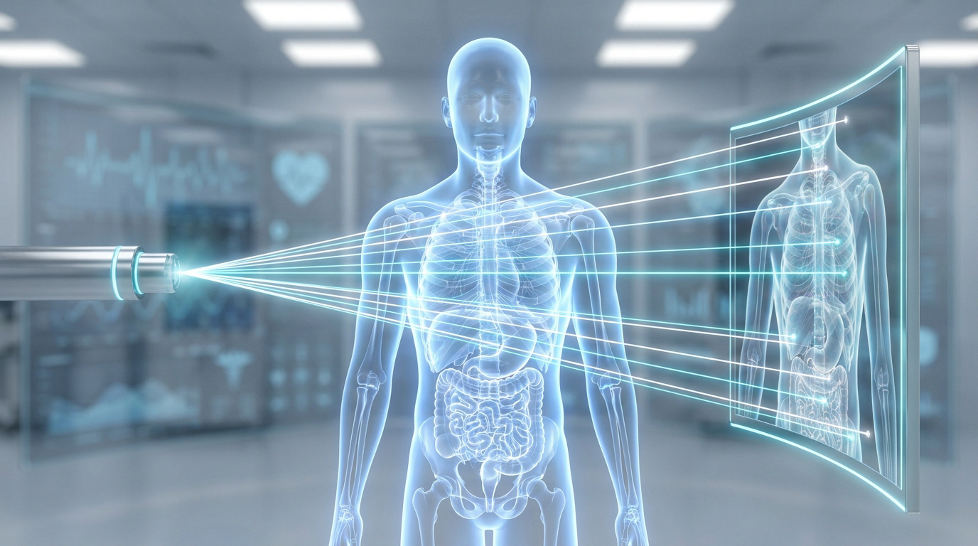 Illustration holographique d'un corps humain passant une radiographie dans un environnement médical futuriste.