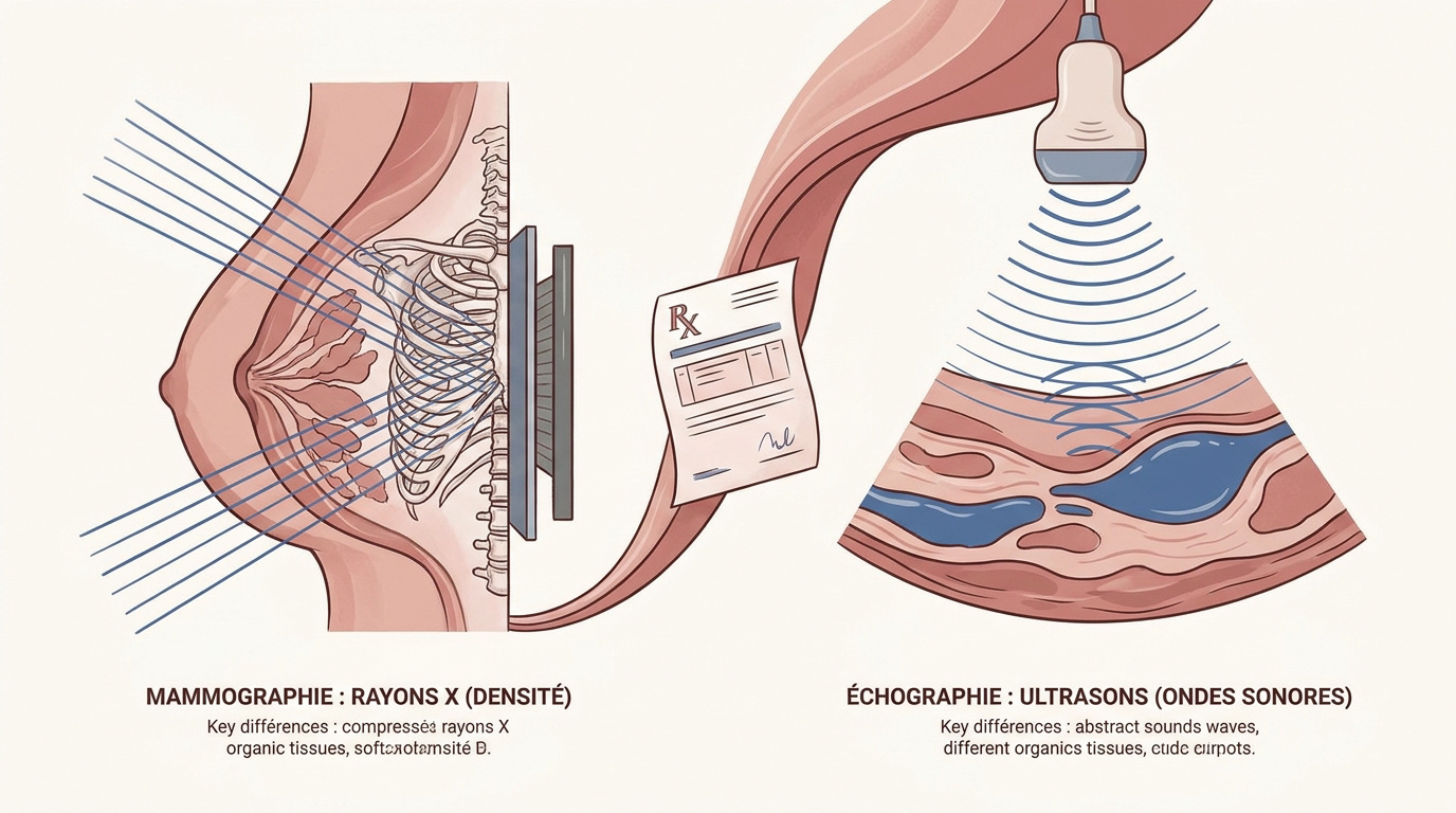 Comparaison visuelle entre une mammographie par rayons X et une échographie mammaire par ultrasons