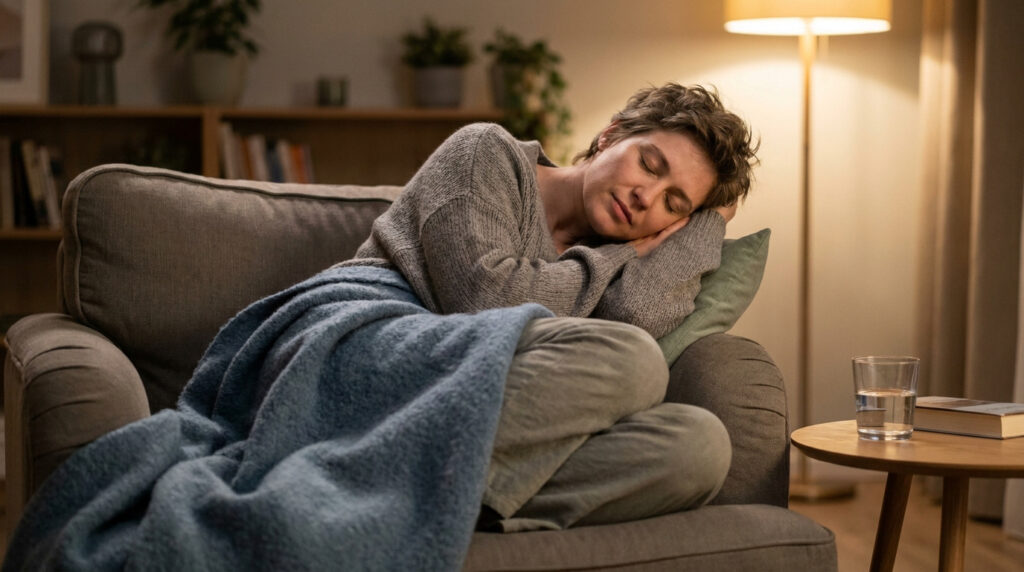 Une femme se repose sur un canapé, fatiguée après son examen médical, avec une couverture sur les genoux.