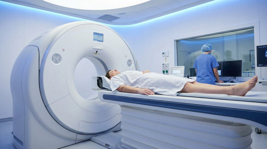 Patient allongé dans un scanner médical moderne avec un technicien en arrière-plan.