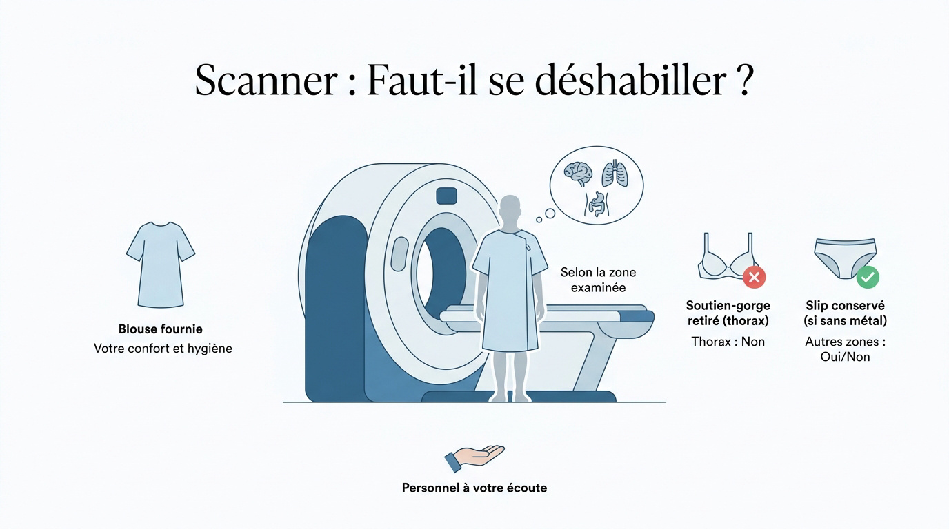 Patient se préparant pour un examen de scanner en cabine médicale